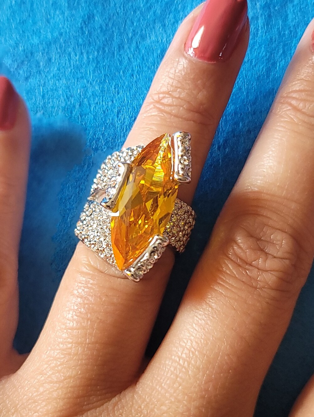 Vintage NOS Cocktail Ring Amber Marquise Cut  W/ Clear CZ / Sz 6 / Camille Lucie